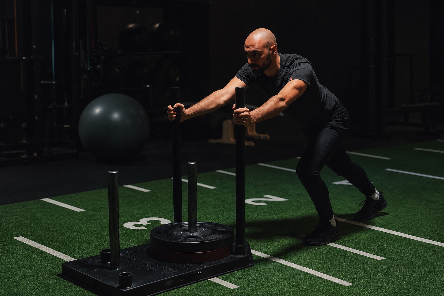 Ihab Harandi tränar med en viktsläde i gymmet